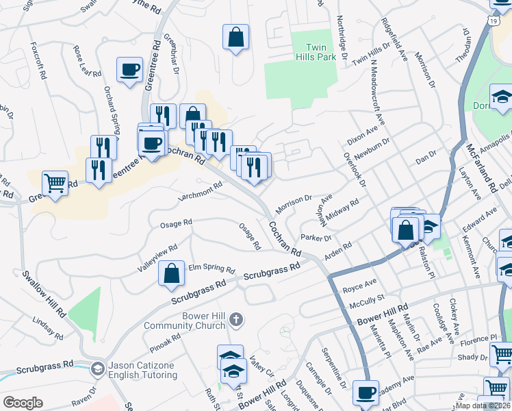 map of restaurants, bars, coffee shops, grocery stores, and more near 1580 Williamsburg Road in Pittsburgh