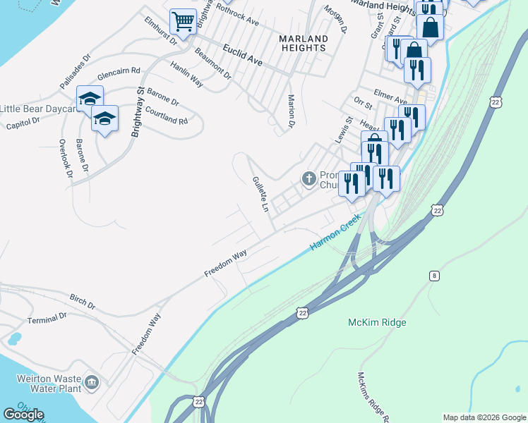 map of restaurants, bars, coffee shops, grocery stores, and more near 87 Gullette Lane in Weirton