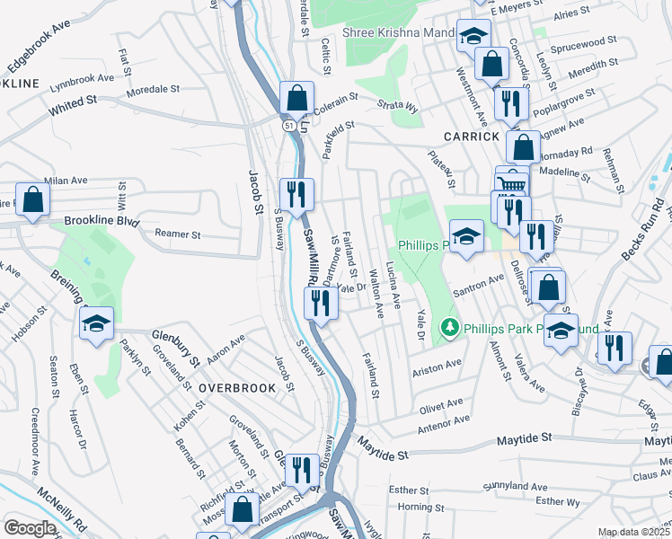 map of restaurants, bars, coffee shops, grocery stores, and more near 2121 Dartmore Street in Pittsburgh