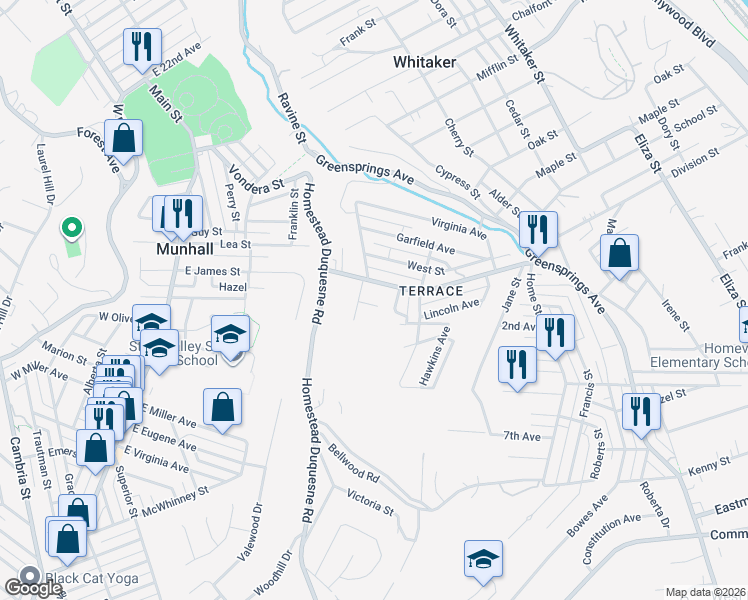 map of restaurants, bars, coffee shops, grocery stores, and more near 3120 Mary Street in West Mifflin