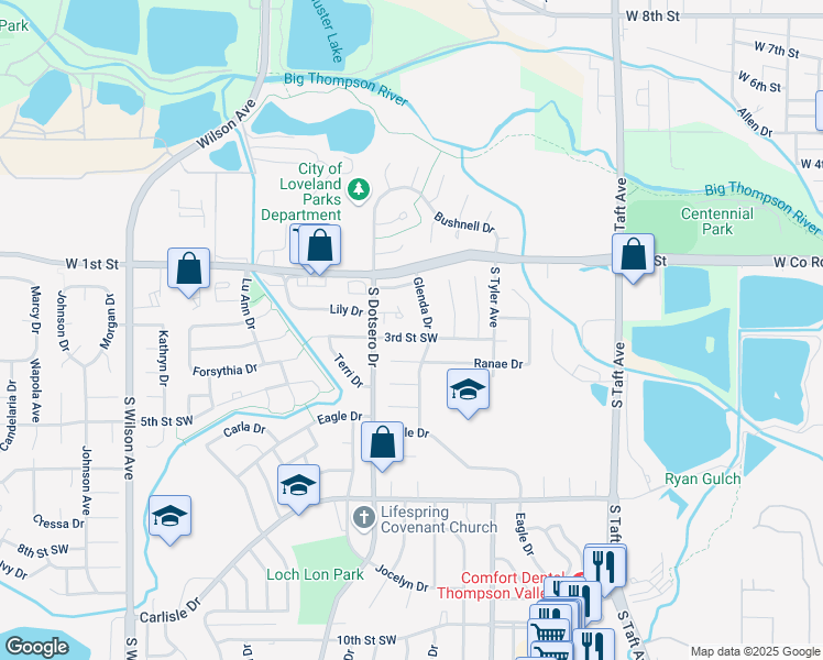map of restaurants, bars, coffee shops, grocery stores, and more near 1807 3rd St SW in Loveland