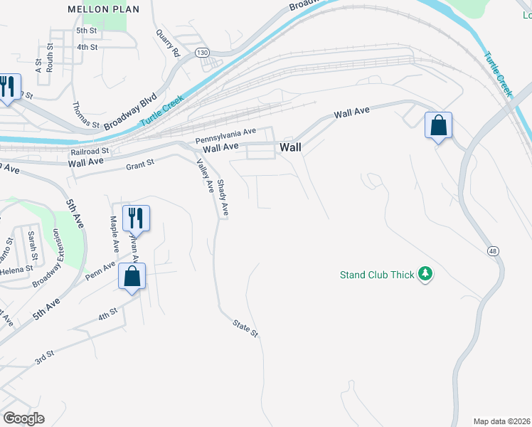 map of restaurants, bars, coffee shops, grocery stores, and more near 410 Argyle Street in Wall