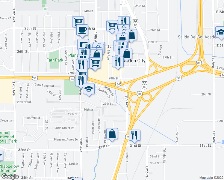 map of restaurants, bars, coffee shops, grocery stores, and more near 2925 Skyline Drive in Evans