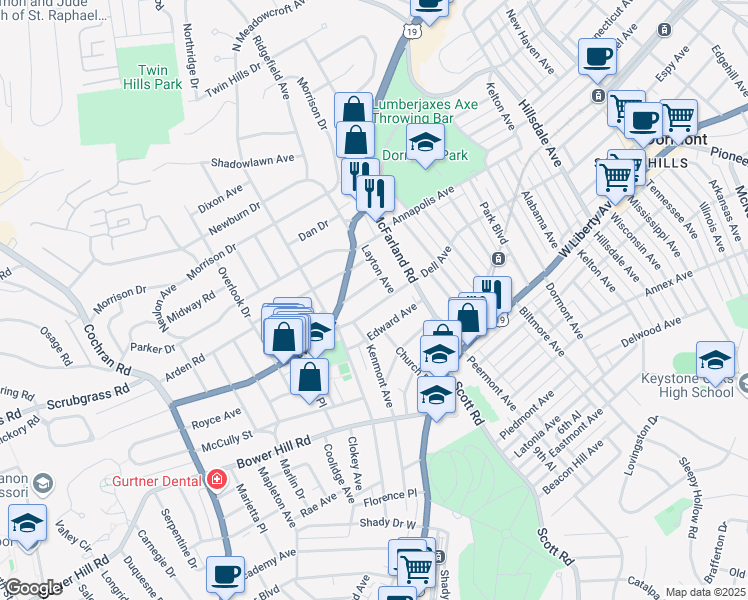 map of restaurants, bars, coffee shops, grocery stores, and more near 234 Dell Avenue in Pittsburgh
