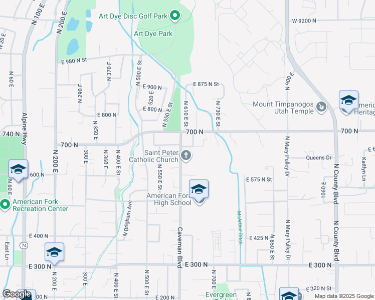 map of restaurants, bars, coffee shops, grocery stores, and more near 630 East 650 North in American Fork