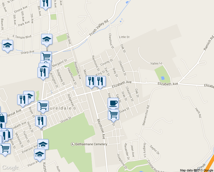 map of restaurants, bars, coffee shops, grocery stores, and more near 1701 Elizabeth Avenue in Laureldale