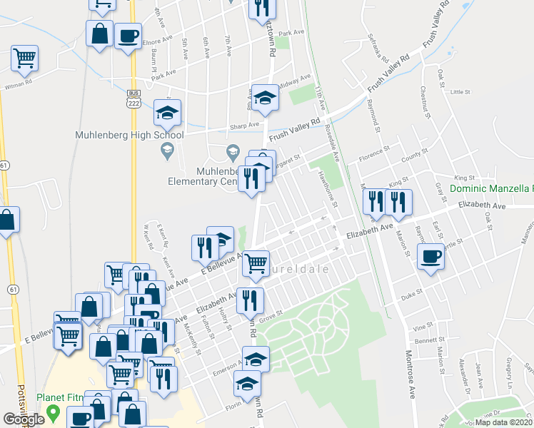 map of restaurants, bars, coffee shops, grocery stores, and more near 3538 Fremont Street in Laureldale
