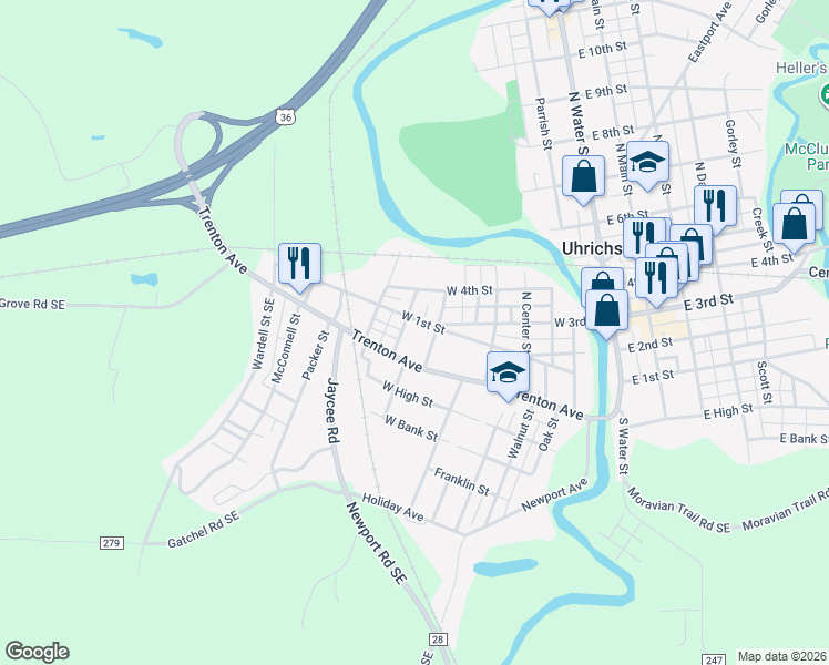 map of restaurants, bars, coffee shops, grocery stores, and more near 620 W 1st St in Uhrichsville