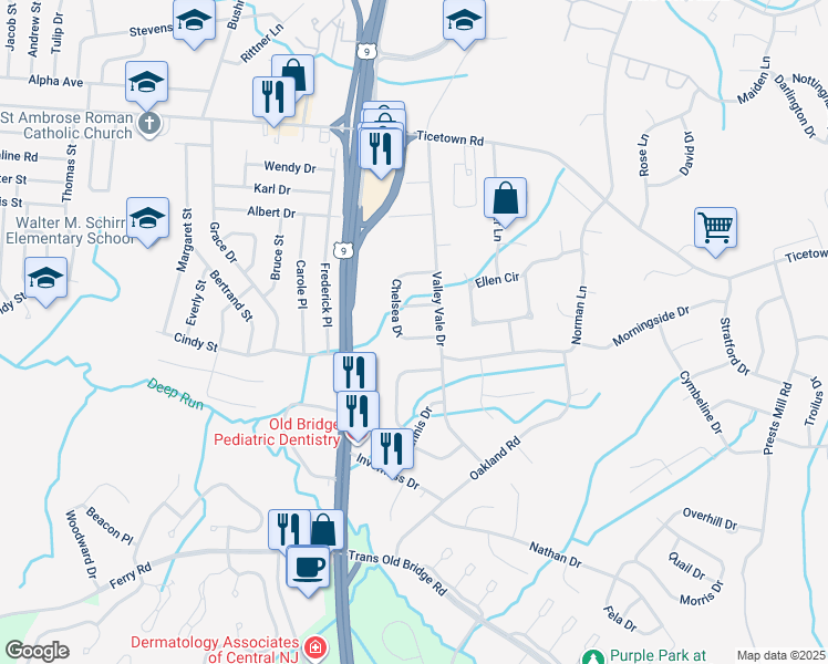 map of restaurants, bars, coffee shops, grocery stores, and more near 28 Chelsea Drive in Old Bridge