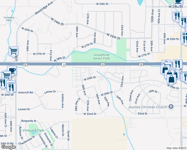 map of restaurants, bars, coffee shops, grocery stores, and more near 5775 West 29th Street in Greeley