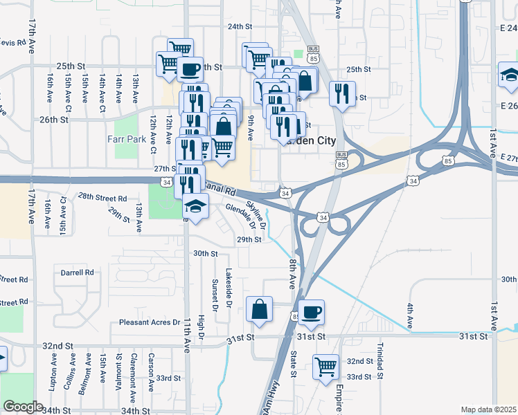 map of restaurants, bars, coffee shops, grocery stores, and more near 2925 Skyline Drive in Evans