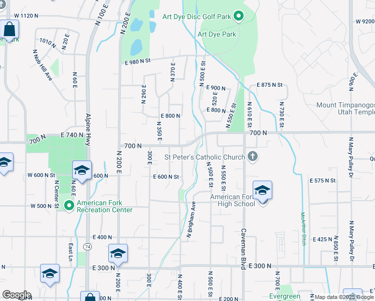 map of restaurants, bars, coffee shops, grocery stores, and more near 690 North 400 East Street in American Fork