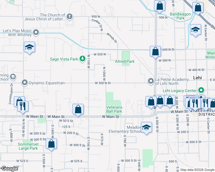 map of restaurants, bars, coffee shops, grocery stores, and more near 949 West 300 North in Lehi