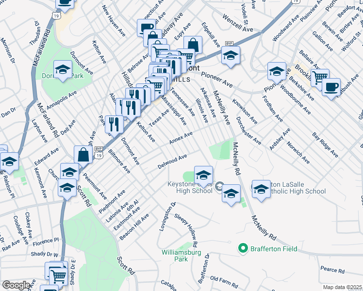 map of restaurants, bars, coffee shops, grocery stores, and more near 1128 Hillsdale Avenue in Pittsburgh