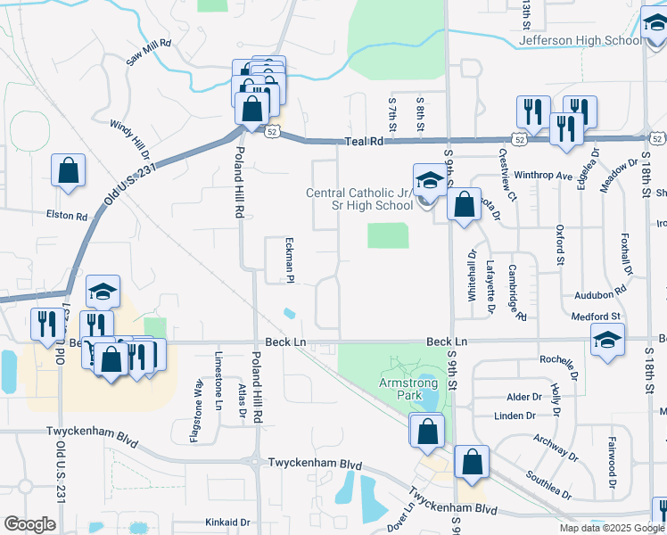 map of restaurants, bars, coffee shops, grocery stores, and more near 2416 Robinwood Drive in Lafayette