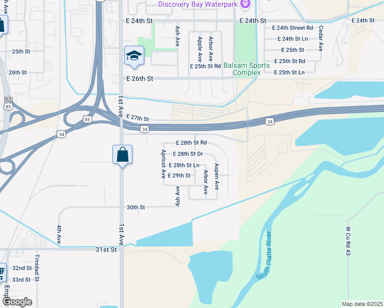 map of restaurants, bars, coffee shops, grocery stores, and more near 515 East 28th Street Drive in Greeley