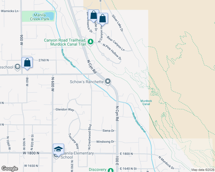 map of restaurants, bars, coffee shops, grocery stores, and more near 2445 North Canyon Road in Pleasant Grove