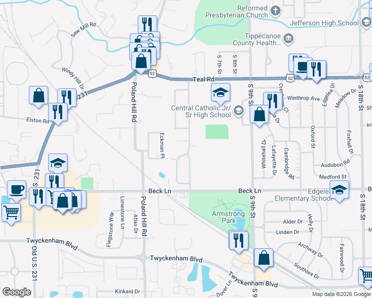 map of restaurants, bars, coffee shops, grocery stores, and more near 2416 Robinwood Drive in Lafayette
