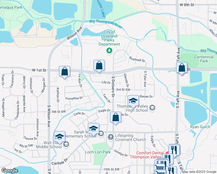 map of restaurants, bars, coffee shops, grocery stores, and more near 1855 3rd Street Southwest in Loveland