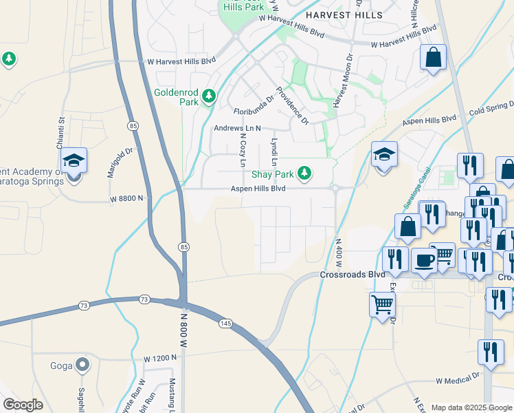 map of restaurants, bars, coffee shops, grocery stores, and more near 594 West Domanick Way in Saratoga Springs