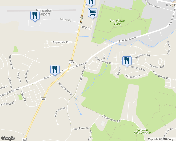 map of restaurants, bars, coffee shops, grocery stores, and more near 12 Scarlet Oak Drive in Princeton