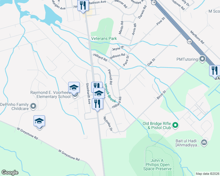 map of restaurants, bars, coffee shops, grocery stores, and more near 49 Piersoll Road in Old Bridge