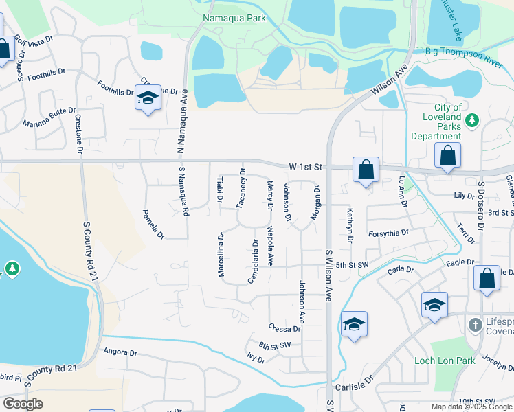map of restaurants, bars, coffee shops, grocery stores, and more near 335 Marcy Drive in Loveland
