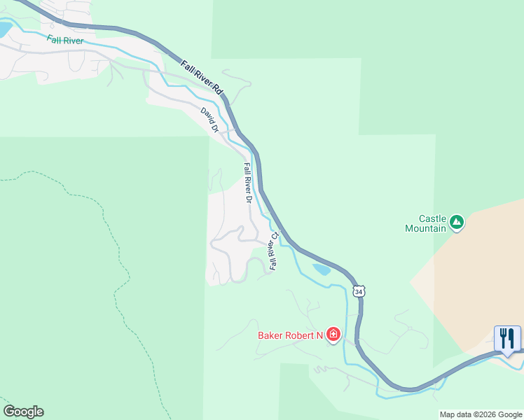 map of restaurants, bars, coffee shops, grocery stores, and more near 2120 Fall River Road in Estes Park