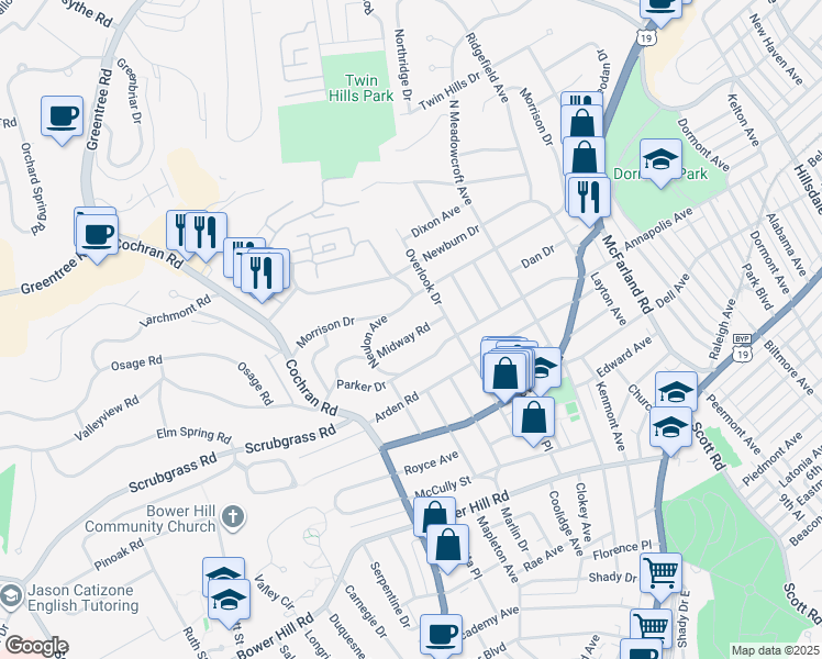 map of restaurants, bars, coffee shops, grocery stores, and more near 371 Midway Road in Pittsburgh