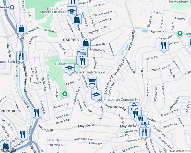 map of restaurants, bars, coffee shops, grocery stores, and more near 2223 Lutz Street in Pittsburgh