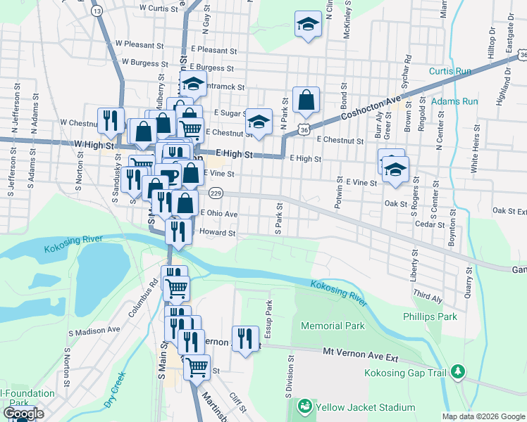 map of restaurants, bars, coffee shops, grocery stores, and more near 310 East Ohio Avenue in Mount Vernon