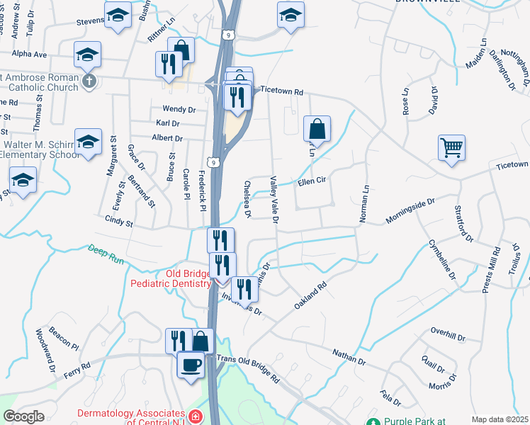 map of restaurants, bars, coffee shops, grocery stores, and more near 28 Chelsea Drive in Old Bridge