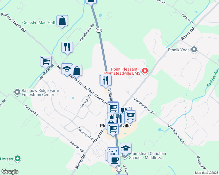 map of restaurants, bars, coffee shops, grocery stores, and more near 6001 Easton Road in Plumsteadville
