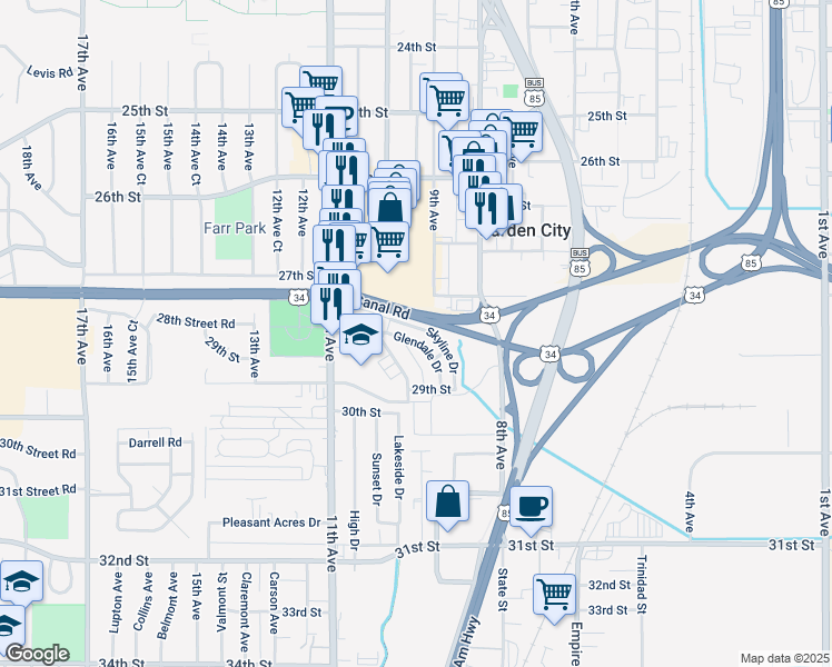 map of restaurants, bars, coffee shops, grocery stores, and more near 2934 Glendale Drive in Evans