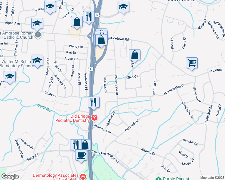 map of restaurants, bars, coffee shops, grocery stores, and more near 28 Chelsea Drive in Old Bridge