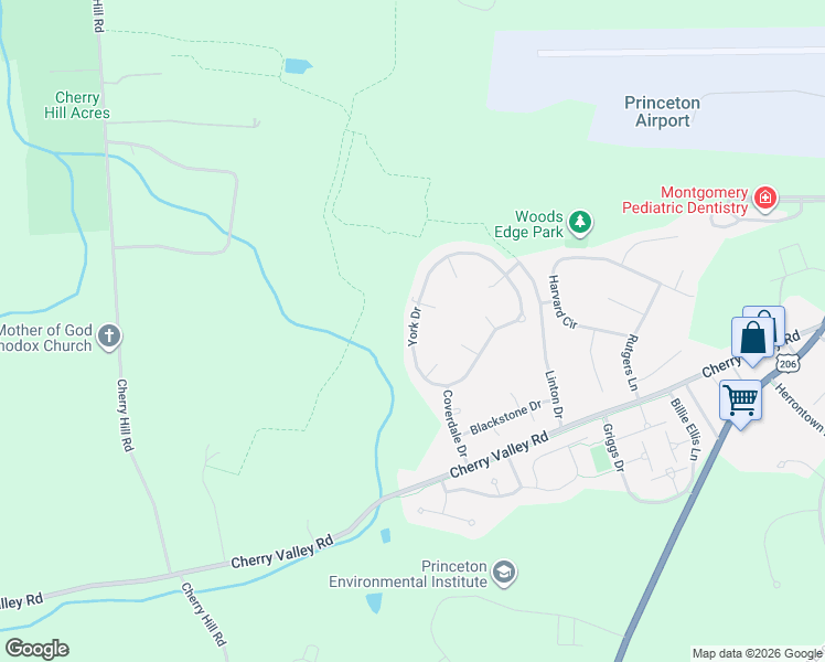 map of restaurants, bars, coffee shops, grocery stores, and more near 124 York Drive in Princeton