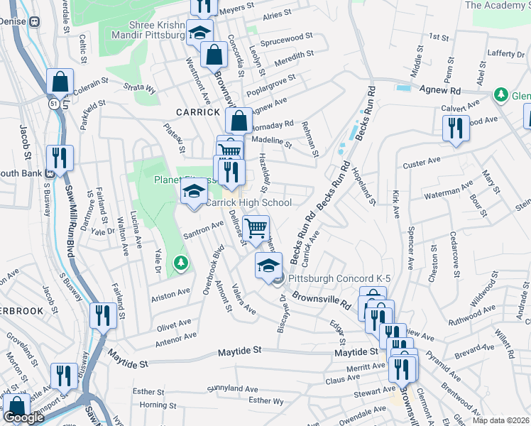 map of restaurants, bars, coffee shops, grocery stores, and more near 2223 Lutz Street in Pittsburgh
