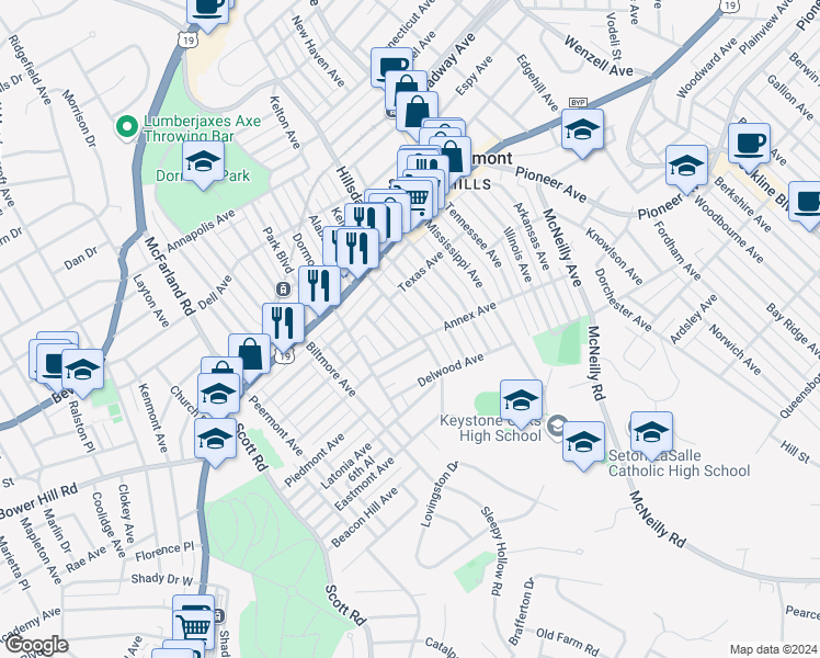 map of restaurants, bars, coffee shops, grocery stores, and more near 1203 Kelton Avenue in Pittsburgh