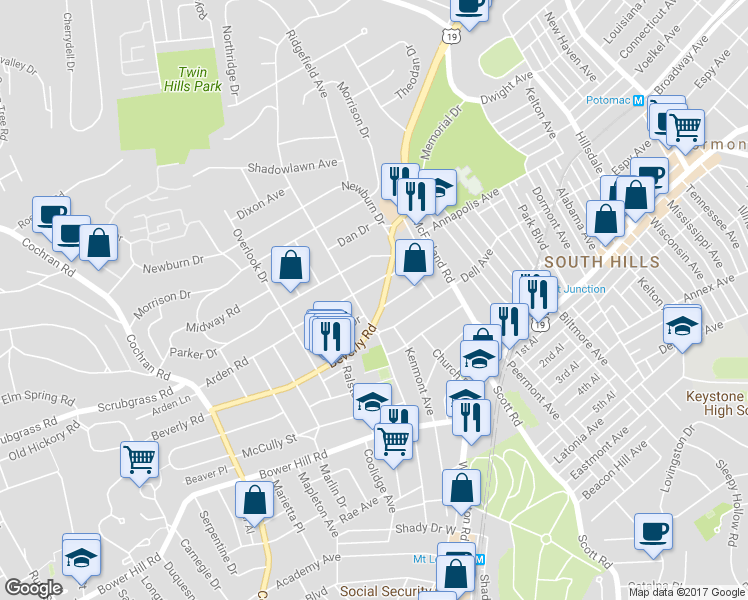 map of restaurants, bars, coffee shops, grocery stores, and more near 231 Beverly Road in Pittsburgh
