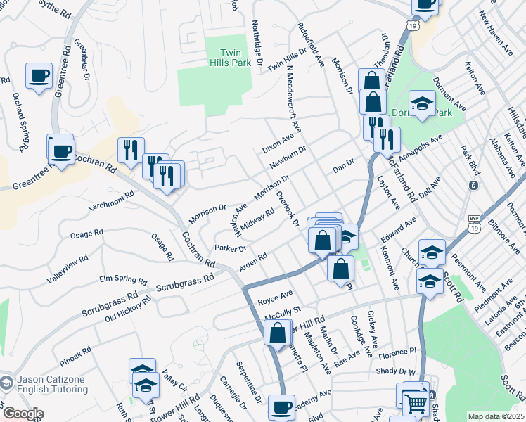 map of restaurants, bars, coffee shops, grocery stores, and more near 371 Midway Road in Pittsburgh