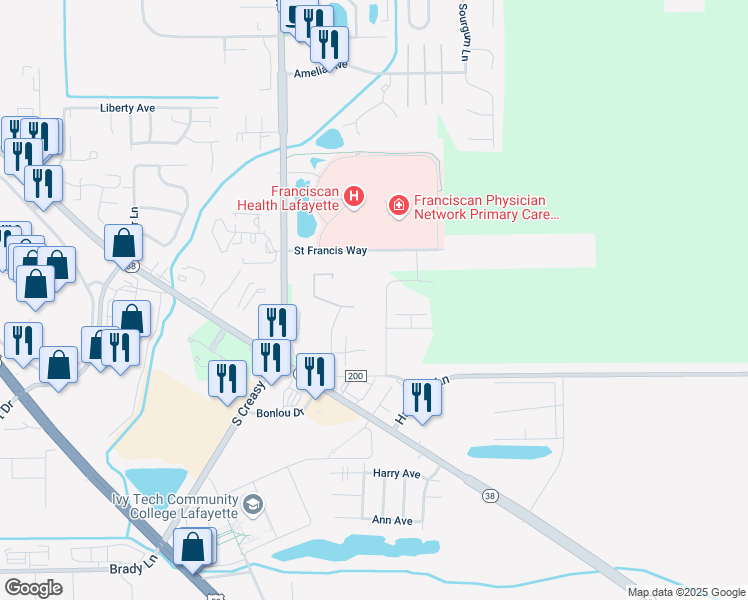 map of restaurants, bars, coffee shops, grocery stores, and more near 1733 Briarwood Court in Lafayette