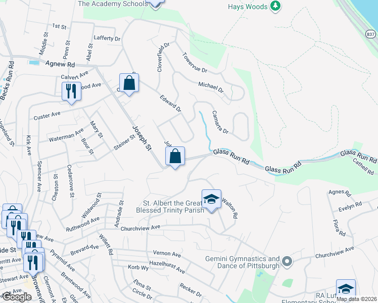 map of restaurants, bars, coffee shops, grocery stores, and more near 1021 Joseph Street in Pittsburgh