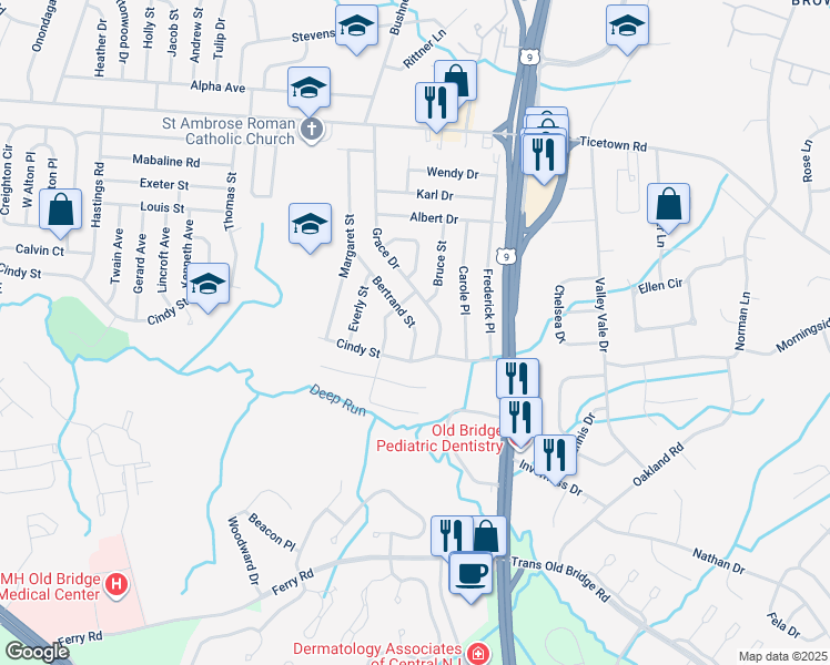 map of restaurants, bars, coffee shops, grocery stores, and more near 36 Bertrand Street in Old Bridge Township