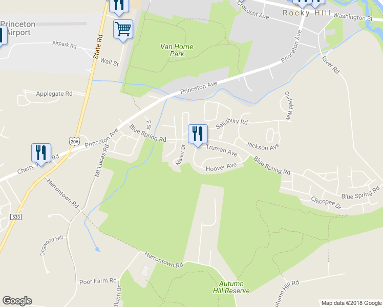 map of restaurants, bars, coffee shops, grocery stores, and more near 56 Manor Drive in Princeton