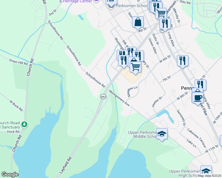 map of restaurants, bars, coffee shops, grocery stores, and more near 1530 Pottstown Ave in Pennsburg