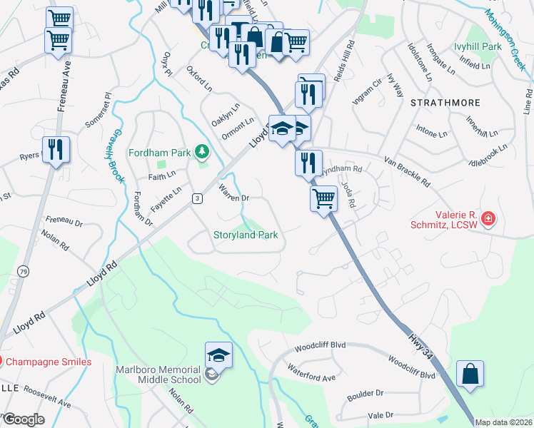 map of restaurants, bars, coffee shops, grocery stores, and more near 93 Warren Drive in Aberdeen Township