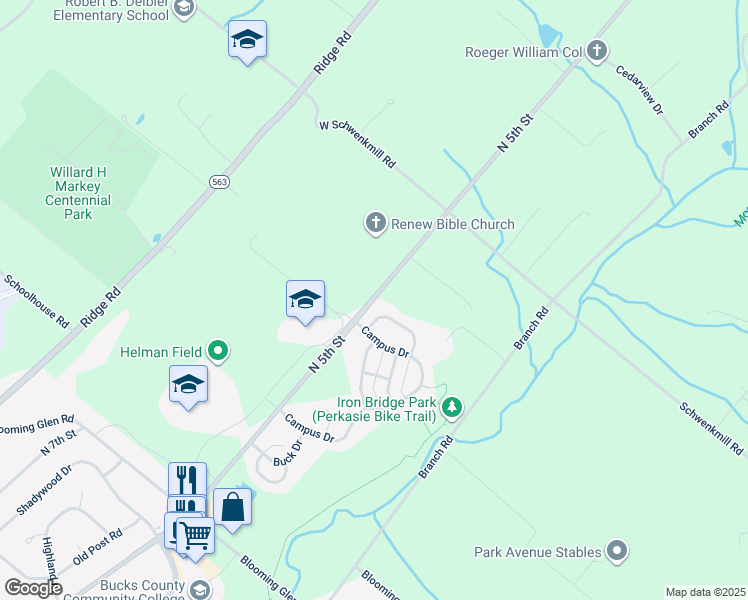 map of restaurants, bars, coffee shops, grocery stores, and more near 1601 North 5th Street in Perkasie