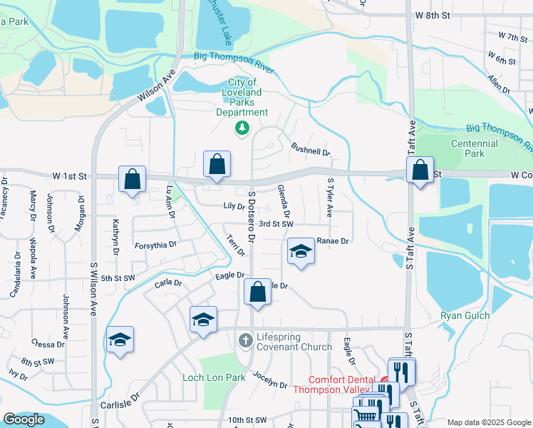 map of restaurants, bars, coffee shops, grocery stores, and more near 1828 Lily Place in Loveland