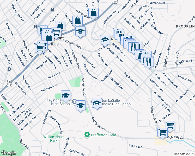 map of restaurants, bars, coffee shops, grocery stores, and more near 2869 Castlegate Avenue in Pittsburgh