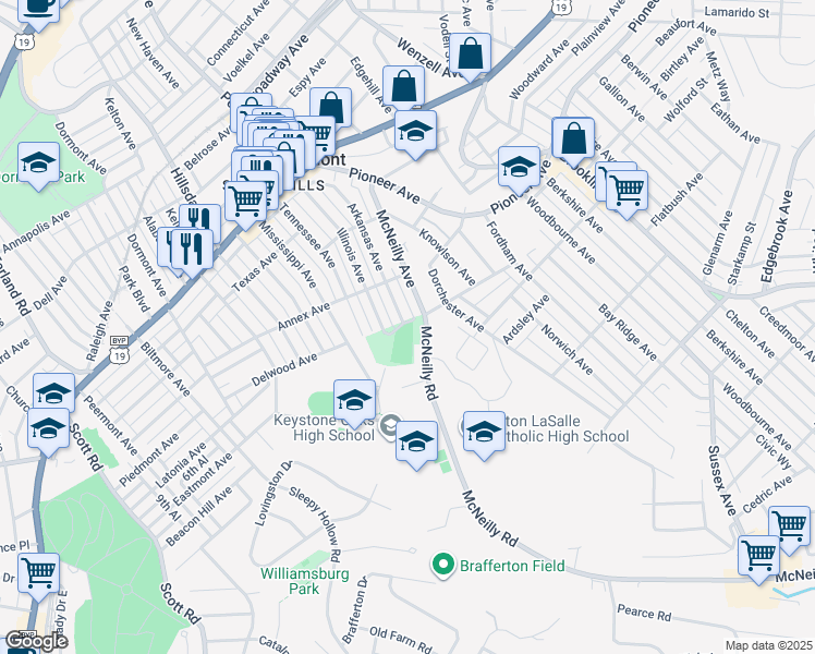 map of restaurants, bars, coffee shops, grocery stores, and more near 1101 Illinois Avenue in Pittsburgh
